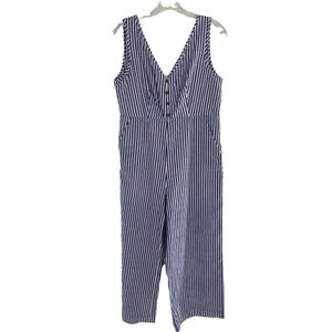 Ecowish Womens Jumpsuit Striped Sleeveless‎ Cotton Blue White Pockets M